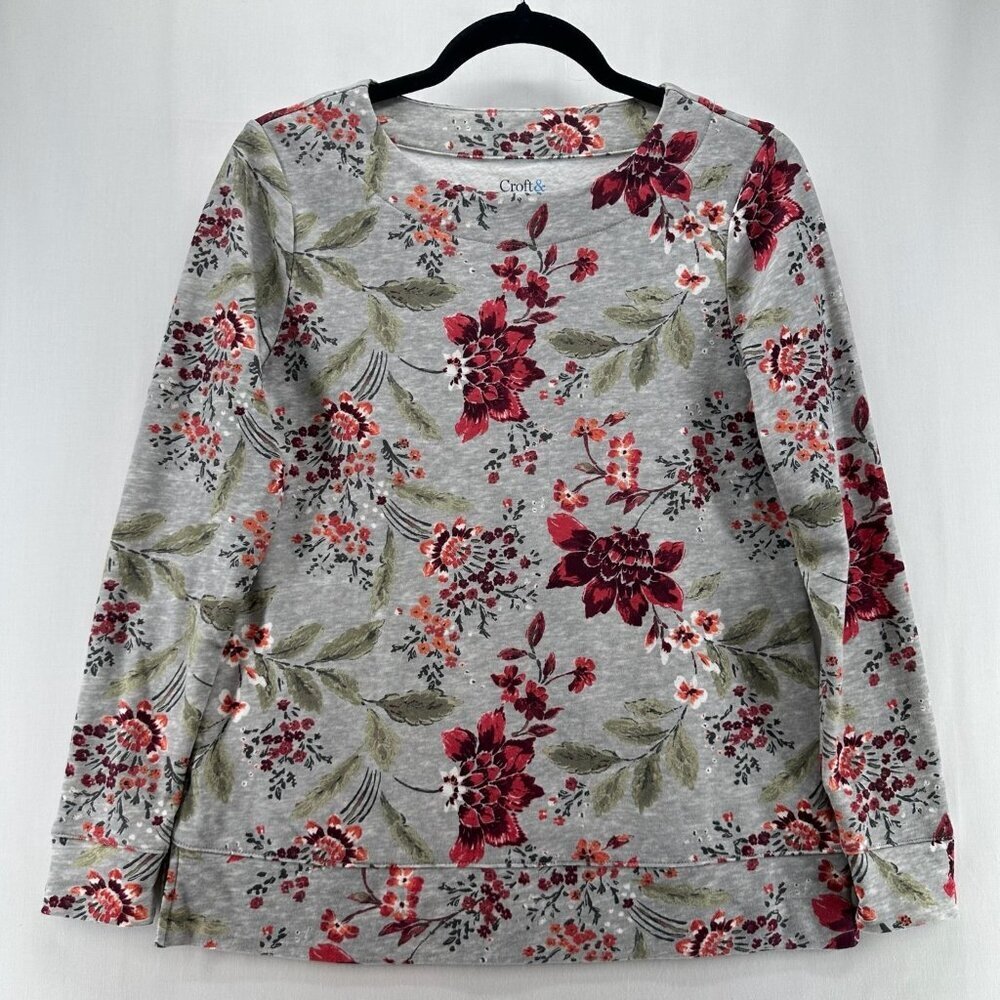 Croft & Barrow Super Soft Shirt Womens PXS Long Sleeve Pullover Floral Gray Red - Picture 1 of 10